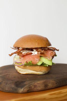 Blast Bacon, Lettuce, Smoked Salmon, Tomato, Micro Greens, on French Roll.