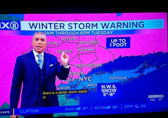 PIX 11 meteorologist, Byron Miranda predicts first major snowstorm for NY tomorrow, Mardi Gras, 13th Feb -   2/12/2024