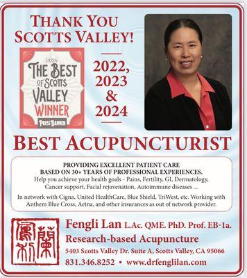 Fengli Lan, LAc, PhD, QME, Prof. - Research-based Acupuncture 