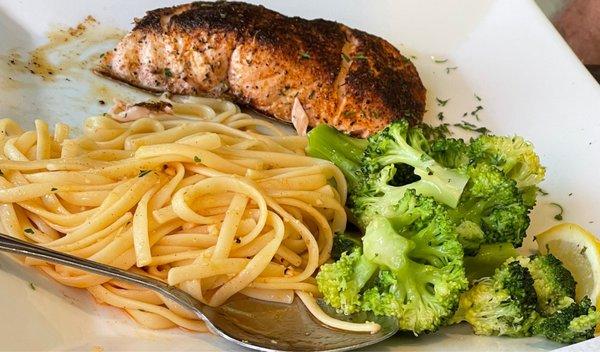 Blackened Salmon, Linguine & Broccoli