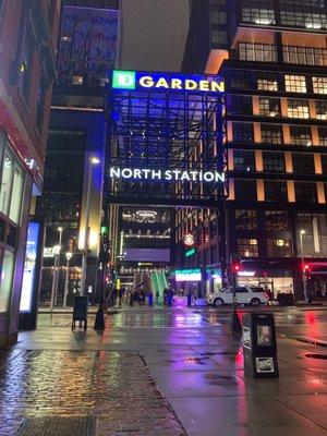 Entrance to North Station on a rainy night.