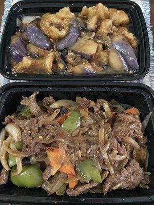 Eggplant and fish (top), cumin beef (bottom)