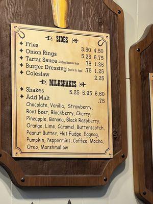 Sides & Milkshakes Menu