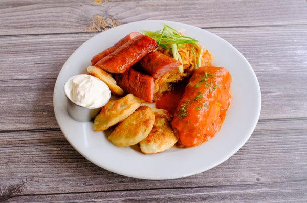 Polish Sample Platter with Kielbasa, Hunter Stew, Pierogi and Stuffed Cabbage