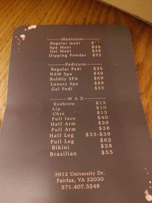 Their price list...