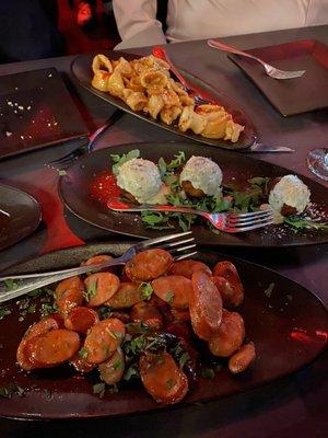 Pictured some Appetizers: truffle rice balls, Sweet and sour calamari,the chorizo and fig.