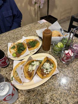 Tacos de Birria con Todo (Bottom) + Taco y Quesataco de Birria sin Repollo y sin Cebolla (Top)