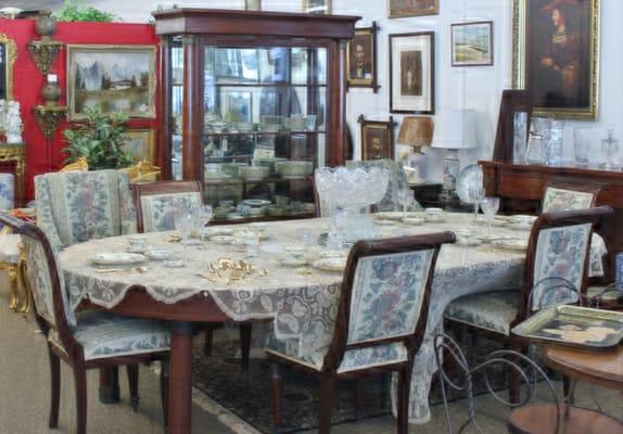 Circa 1812 Tables closes to 5 foot round opens to 12 foot oval. Plus buffet and china cabinet