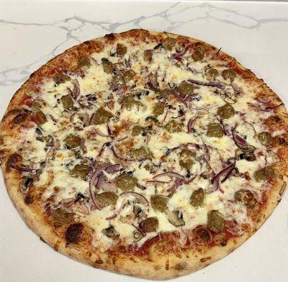 Sausage, mushroom, onion pizza