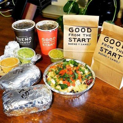 Burrito bowl, Thai burritos with tofu and extra Thai sauce, chips, guacamole and drinks! Best take-out around!