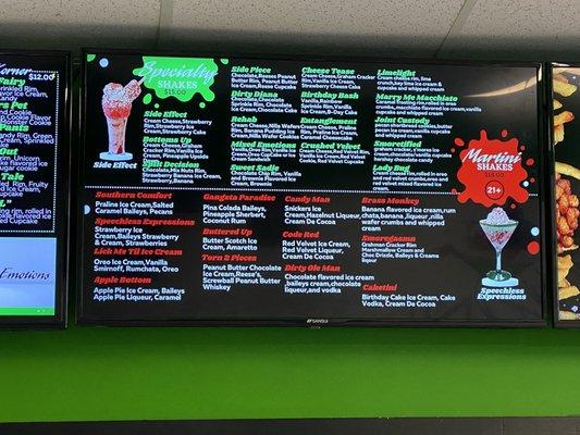 Yummy menu!  Love the names of the speciality shakes!  Very creative and fun!