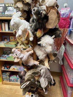 rack of Folkmanis puppets!