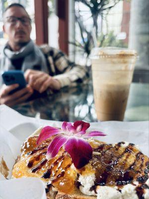 Goat cheese and Fig jam toast, Luna taro coffee