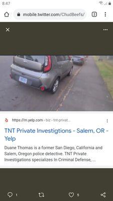 Salem, Oregon at a Proud Boys riot above a screenshot of a Yelp listing for TNT Private Investigations ran by a former Salem PD detective.