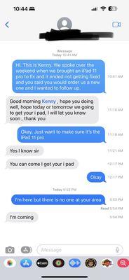 Time stamp and proof of text messages confirming he got the iPad 11 pro