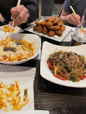 Fried Chicken Drumsticks, Tteokbokki and Japchae