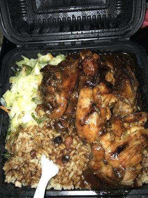 Large bbq Jerk Chicken with Rice & Peas and Cabbage