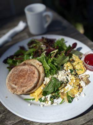 Athens Scramble with Side Salad and English Muffin $11.50