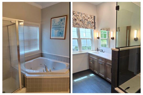 Tub removed and space opened up for double vanity and shower.