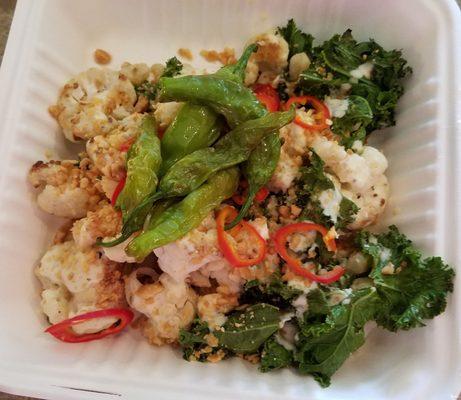 Cauliflower, kale, garlic sauce, Marcona almonds, Fresno peppers, shisitos - vegan