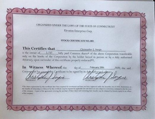 Elevation Enterprises Corp Stock Certificate.