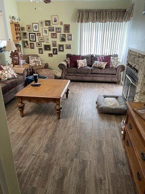 Wood look porcelain tile in family room