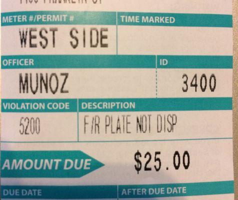 $25 "No front plate" ticket.