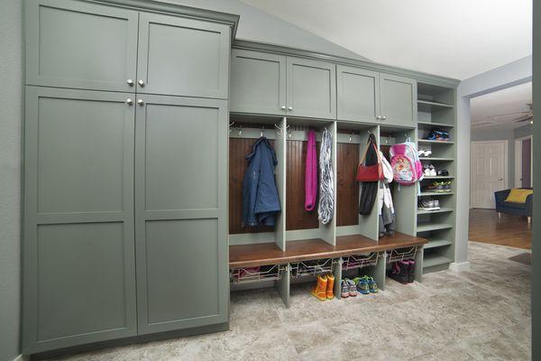 Olive Green Mudroom with Individual Seats and Hanging Sections