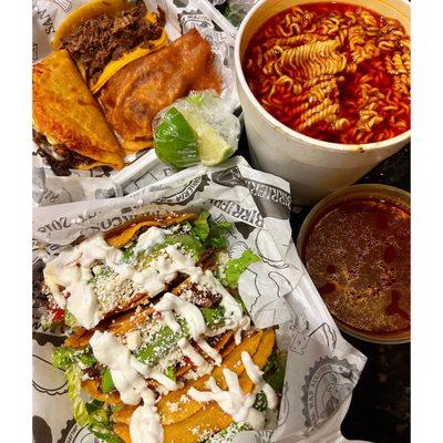 Birria ramen, sampler plate , consommé, tacos dorados