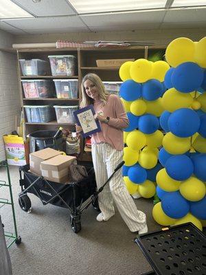 My wagon filled with our books at the school ON TIME!