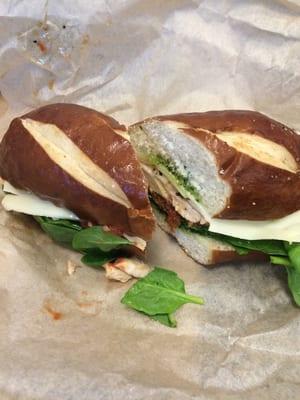 Custom sandwich- chicken with pesto on a pretzel roll