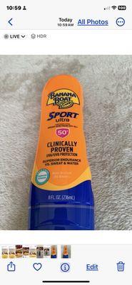 Banana Boat Sport Sunscreen, Level 50. Price is $14.99.