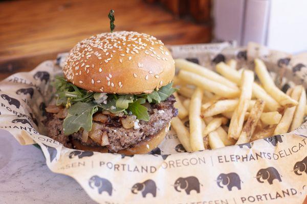 Angus beef, bacon-onion compote, mayonnaise, blue cheese, and arugula on our sesame seed bun