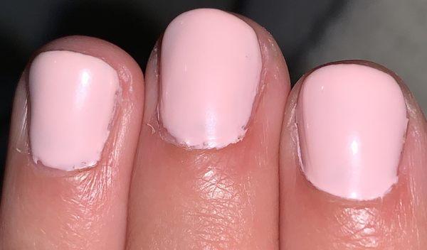 Poor nails - not crisp, paint on the skin, red nail beds