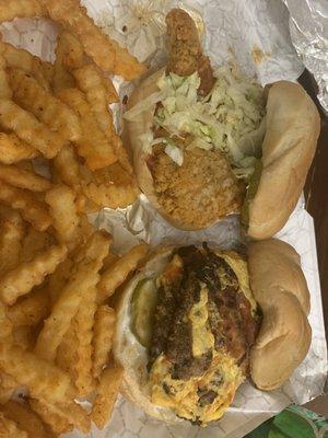 Nashville chicken sandwich, beast style burger with bacon, and seasoned fries.