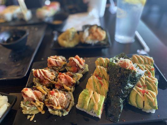 Spicy Salmon hand roll , Dragon Roll,  & Spider Roll