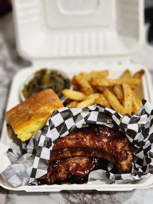 Fried BBQ Baby Back Ribs, fries, collard greens, corn bread