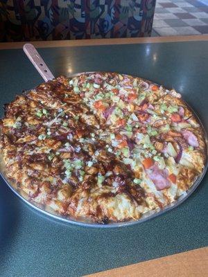 Pizza: Half BBQ Chicken/ Half Maui Zaui