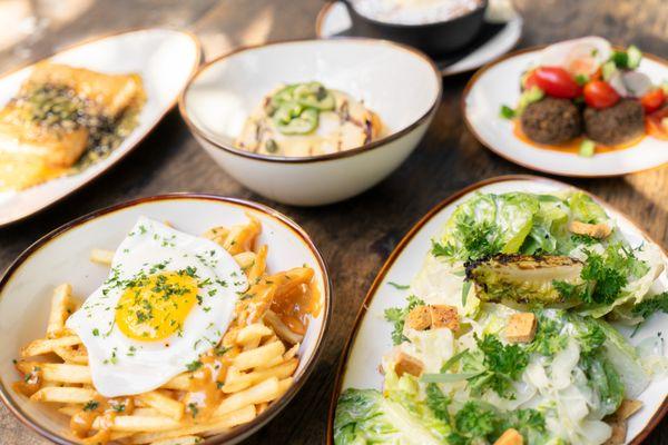 Tapas Dinner Spread - Bacari Fries, Salad, Falafel, Chicken Breast, Feta Filo