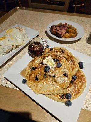 Blue berry hot cakes, ham steak so good, biscuits gravy, Obrien potatoes