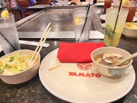 Miso soup and salad with passion fruit mojito (non-alcoholic beverage)