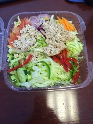 Tuna salad platter. Skimpy today... Not pleased because the tuna serving is usually twice the amount of what's seen in this pic.