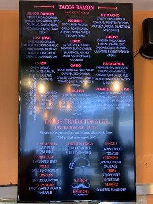 Tacos menu