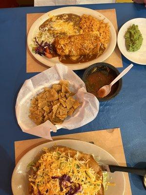 Burrito Camarón (top), chips and salsa, Tostada Suprema (bottom) - all EXCELLENT!