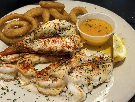 Fisherman's platter of broiled lobster tail, shrimp and cod.