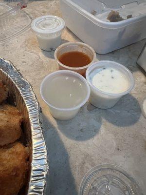 Tartar sauce, hot sauce, and lemon/garlic sauce