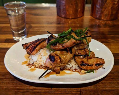 Yakitori skewers with coconut rice.