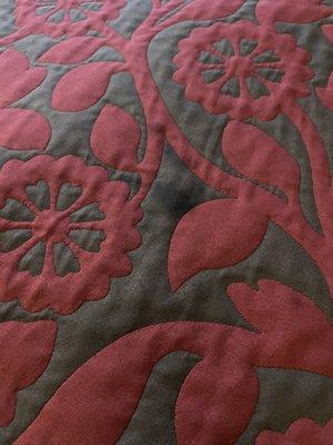 Dark mystery stain in mussed-up bedspread