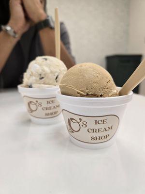 Single scoop ice cream. Flavors pictured: Banana Rocky Road and Coffee