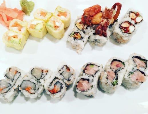 from top left: Philadelphia roll, spider roll, yellowtail scallion and spicy scallop on the bottom left :)